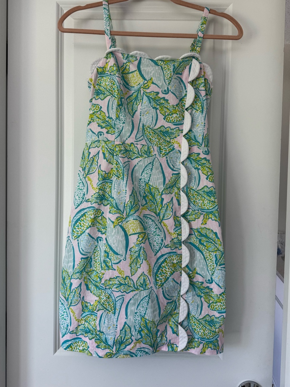 Lilly Pulitzer Pink, Green & Blue Leaf-Print Scallop-Trim Mini Dress